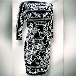 Vintage Y2K Cache Sheath Midi Cocktail Animal Leaves Scroll 3/4 Sleeve